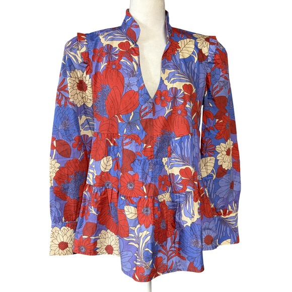 Tuckernuck Tops - Tuckernuck Blouse Womens M Red Blue Floral Peplum Long Sleeve Cotton Top